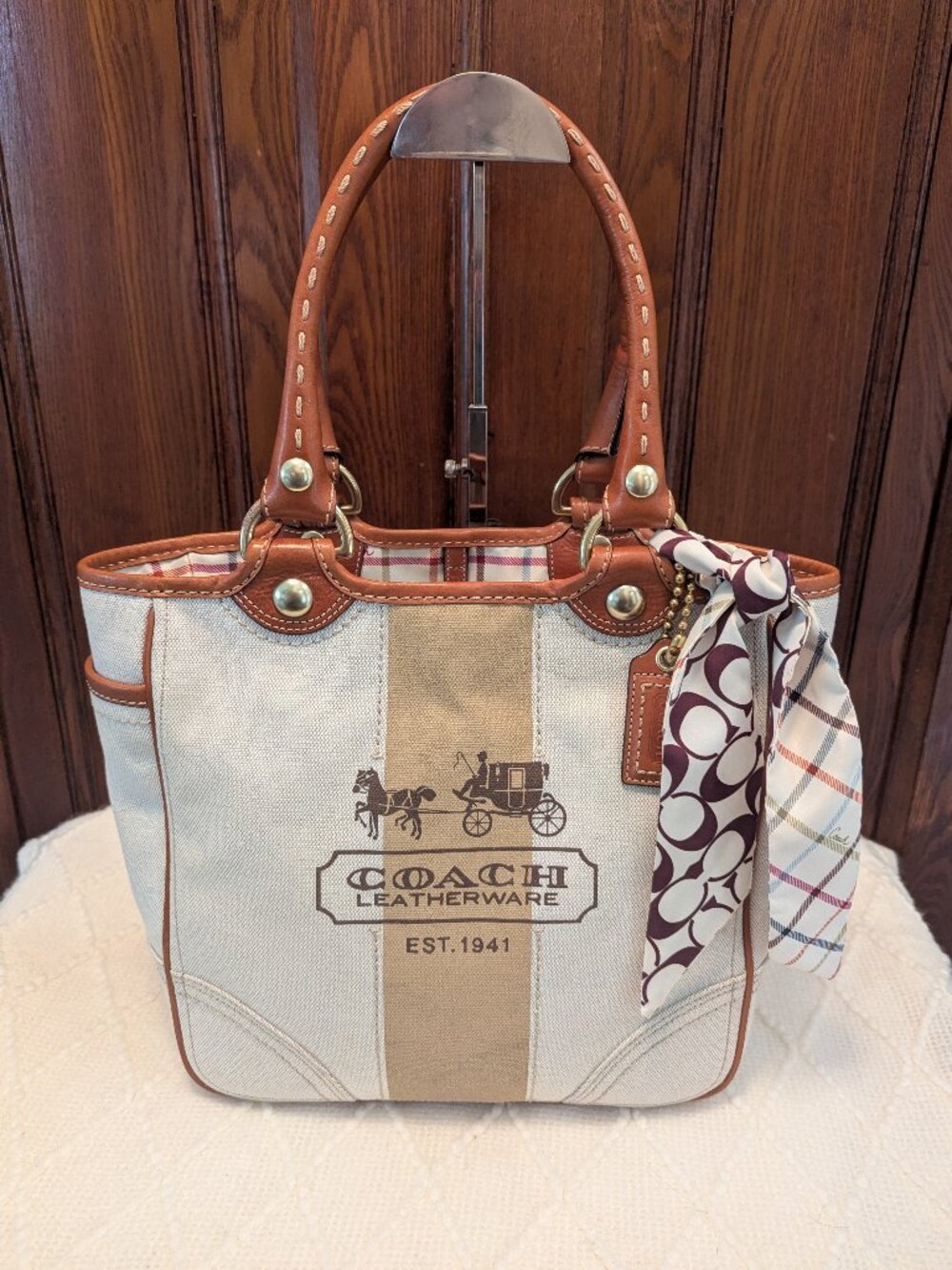 Coach 2007 Heritage Stripe Canvas Tattersall Tote Bag #11791 w/ Silk Scarf